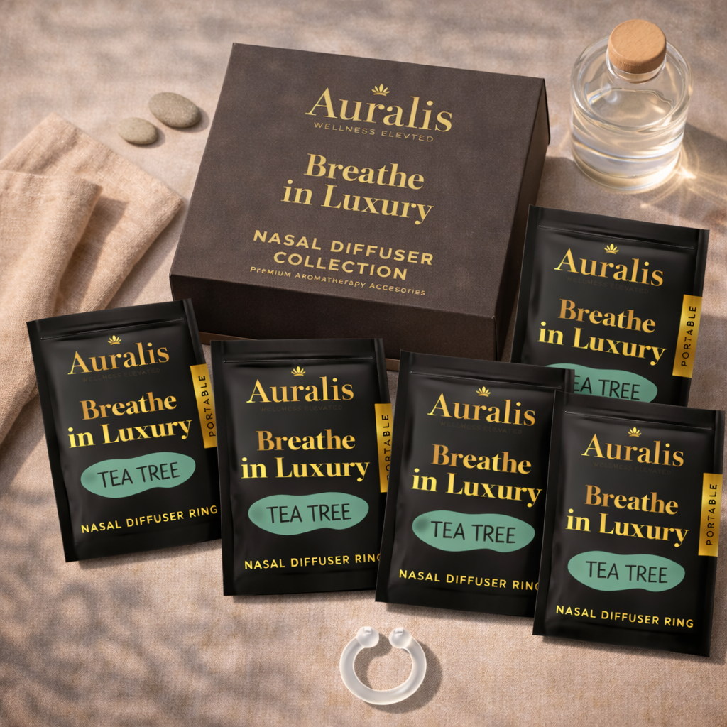 Auralis Essential Refill in Tea Tree featuring five identical scented pouches, Auralis box and clear silicone wearable nasal aromatherapy ring on neutral background
