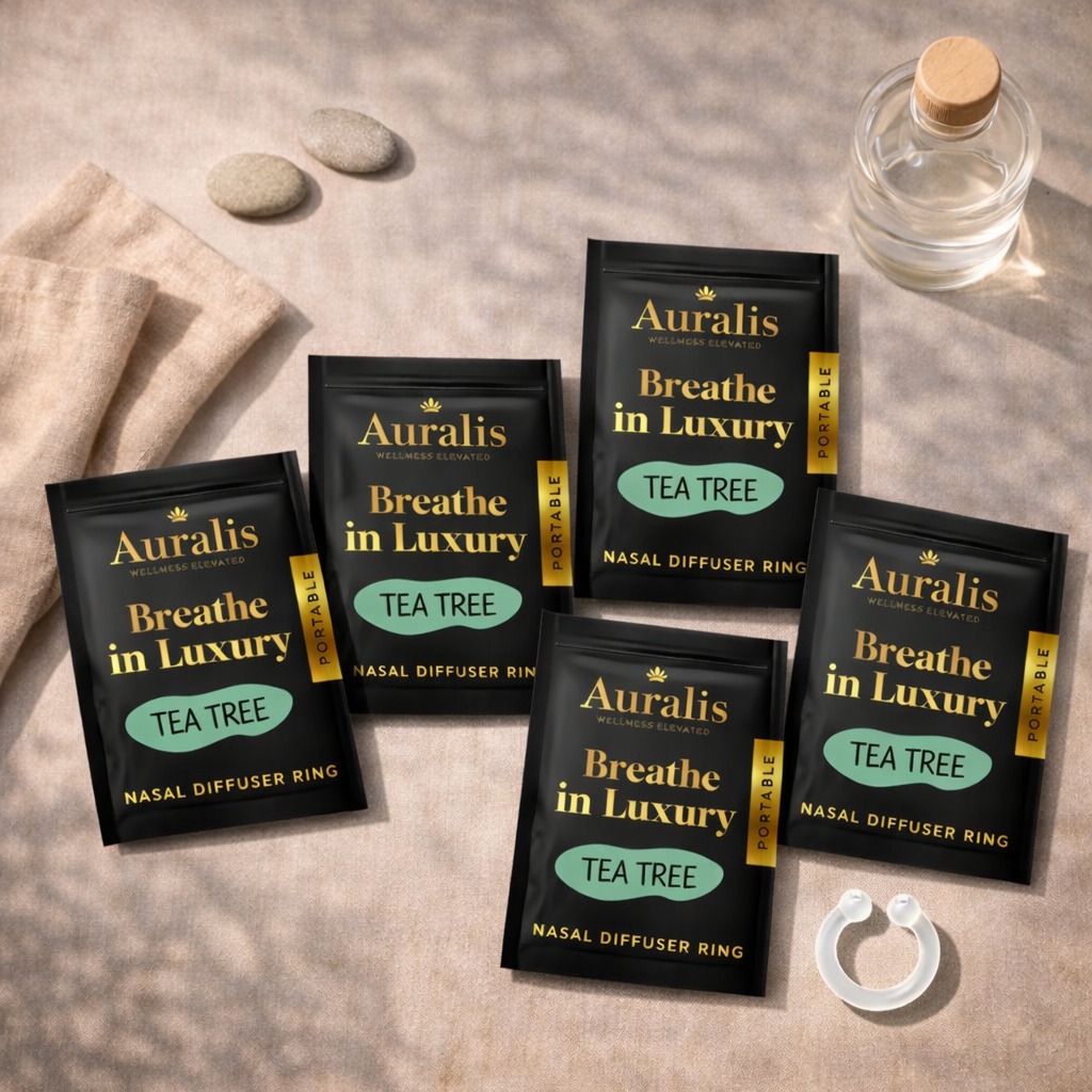 Auralis Essential Refill in Tea Tree featuring five identical scented pouches and clear silicone wearable nasal aromatherapy ring on neutral background