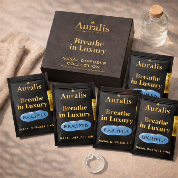 Auralis Essential Refill featuring five identical scented pouches, Auralis box and clear silicone wearable nasal aromatherapy ring on neutral background