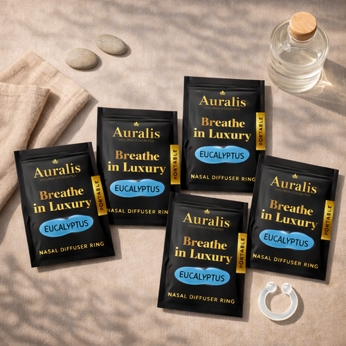 Auralis Essential Refill featuring five identical scented pouches and clear silicone wearable nasal aromatherapy ring on neutral background