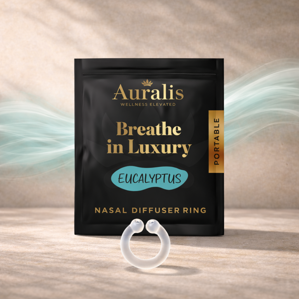 Auralis Essential Ring in Eucalyptus wearable nasal aromatherapy packaging displayed on wooden surface