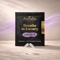 Auralis Essential Ring in Lavender wearable nasal aromatherapy design displayed on wooden surface with soft purple background