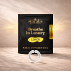 Auralis Essential Ring in Lemon wearable nasal aromatherapy packaging displayed on wooden surface