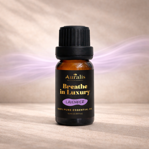 Auralis Lavender essential oil bottle displayed on neutral background