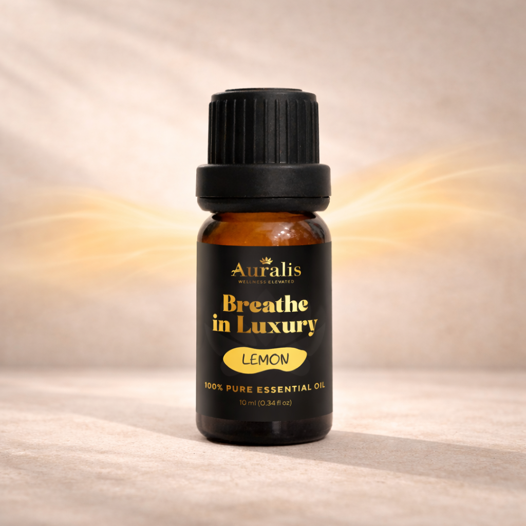 Auralis Lemon essential oil bottle displayed on neutral background
