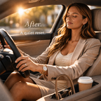 A woman sits back with her eyes closed in her car, labelled After — a quiet reset