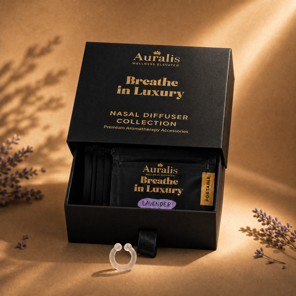 Auralis nasal diffuser box open to show lavender ring pouches inside, with a clear silicone ring