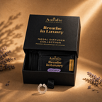 Auralis nasal diffuser box open to show lavender ring pouches inside, with a clear silicone ring