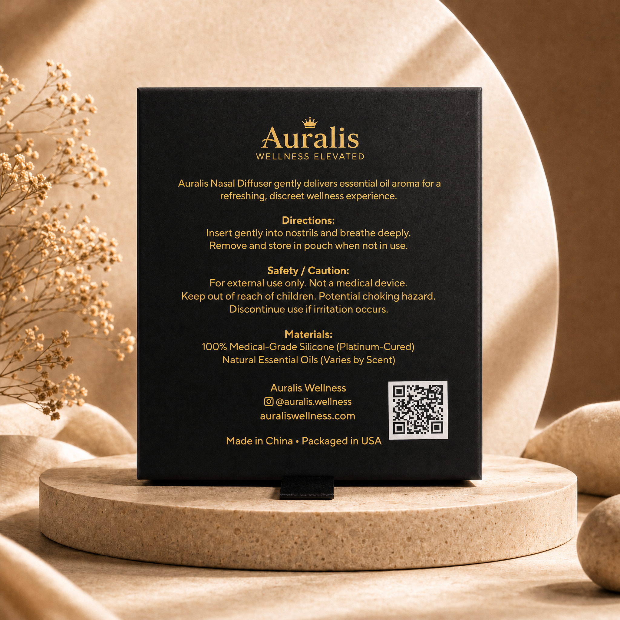 Back of the Auralis nasal diffuser box with directions, safety cautions and materials list