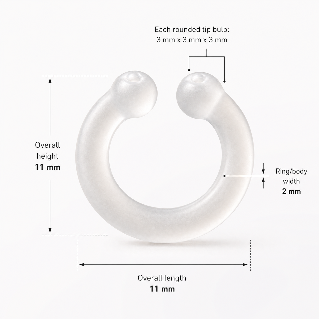 Auralis nasal diffuser ring dimensions: 11mm overall height and length, 2mm body width, 3mm tip bulbs