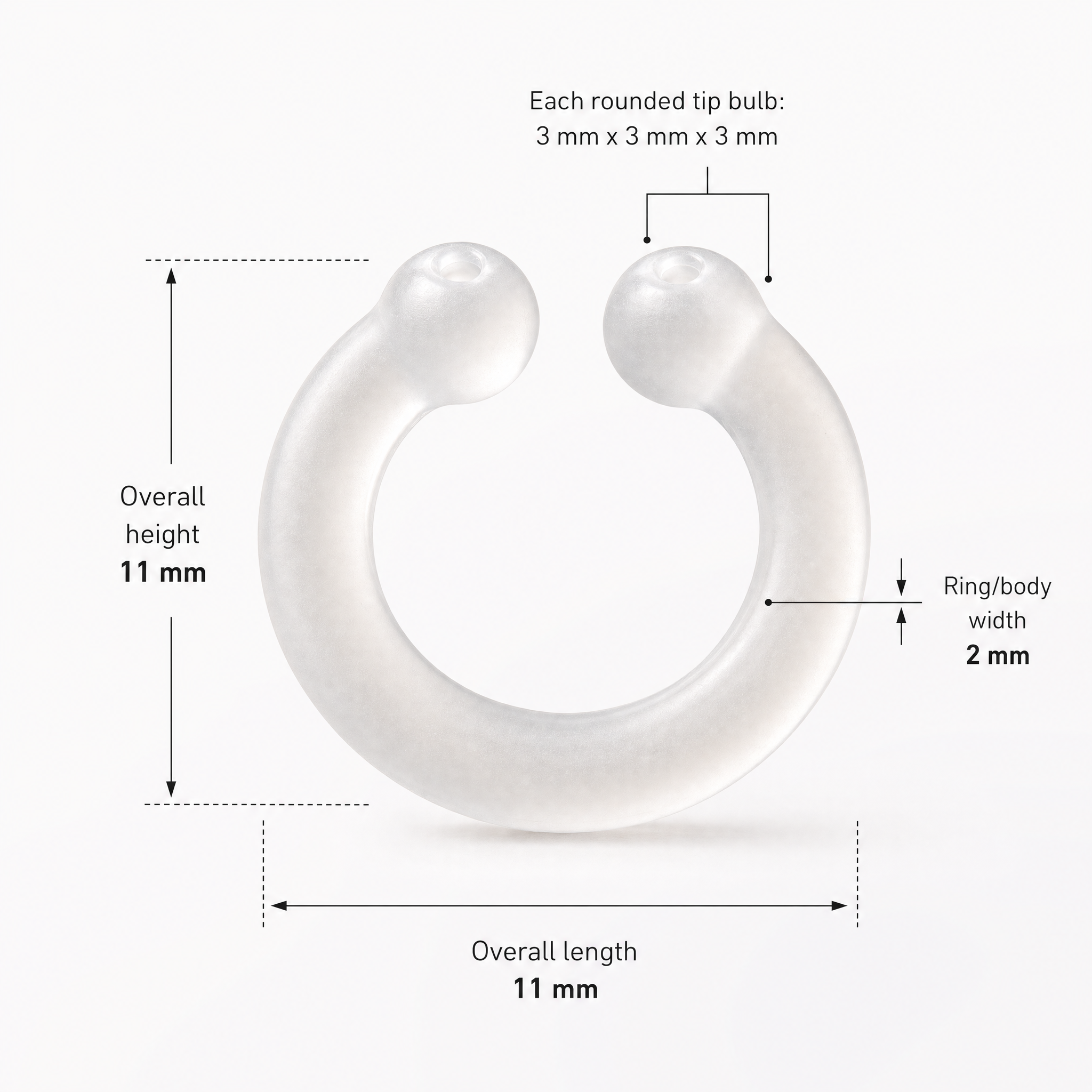 Auralis nasal diffuser ring dimensions: 11mm overall height and length, 2mm body width, 3mm tip bulbs