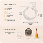 Auralis nasal diffuser ring dimensions — 11mm overall, 2mm body, 3mm tip bulbs — shown beside a US dime for scale