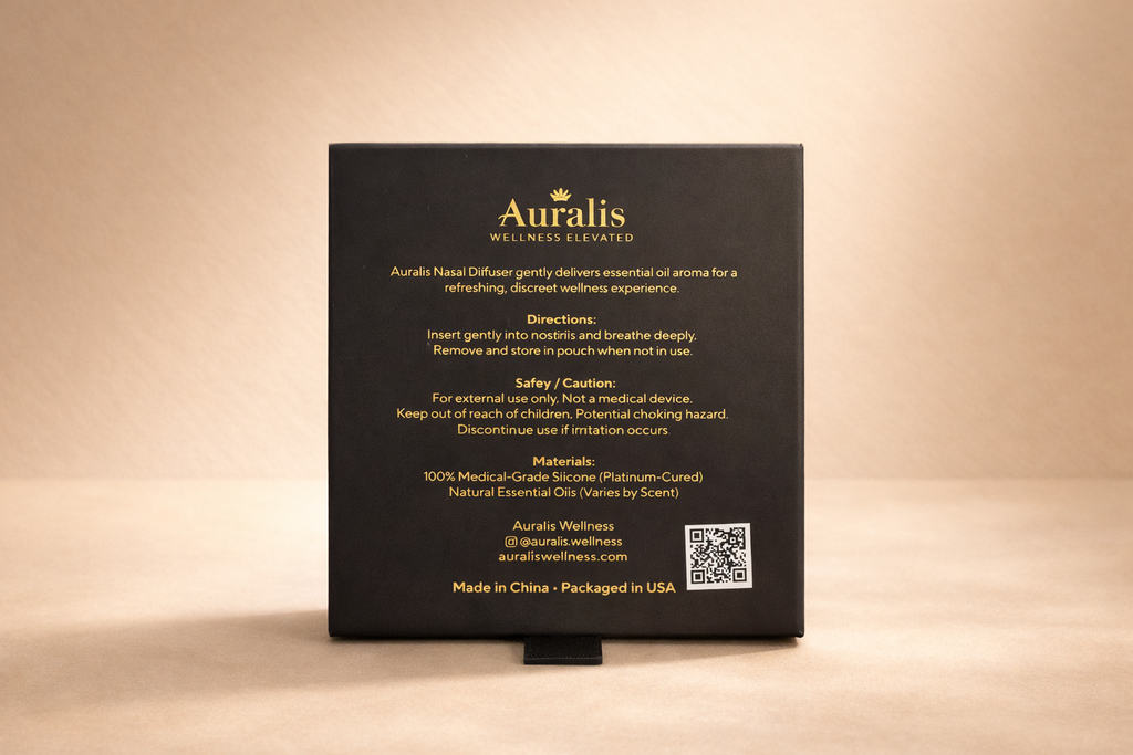 Back of Auralis packaging box showing wearable nasal aromatherapy instructions and product details