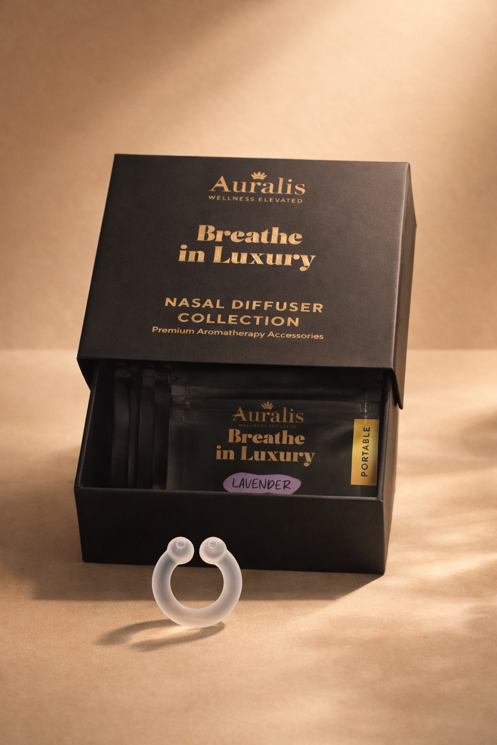 Auralis packaging box with clear silicone wearable nasal aromatherapy ring displayed on beige background