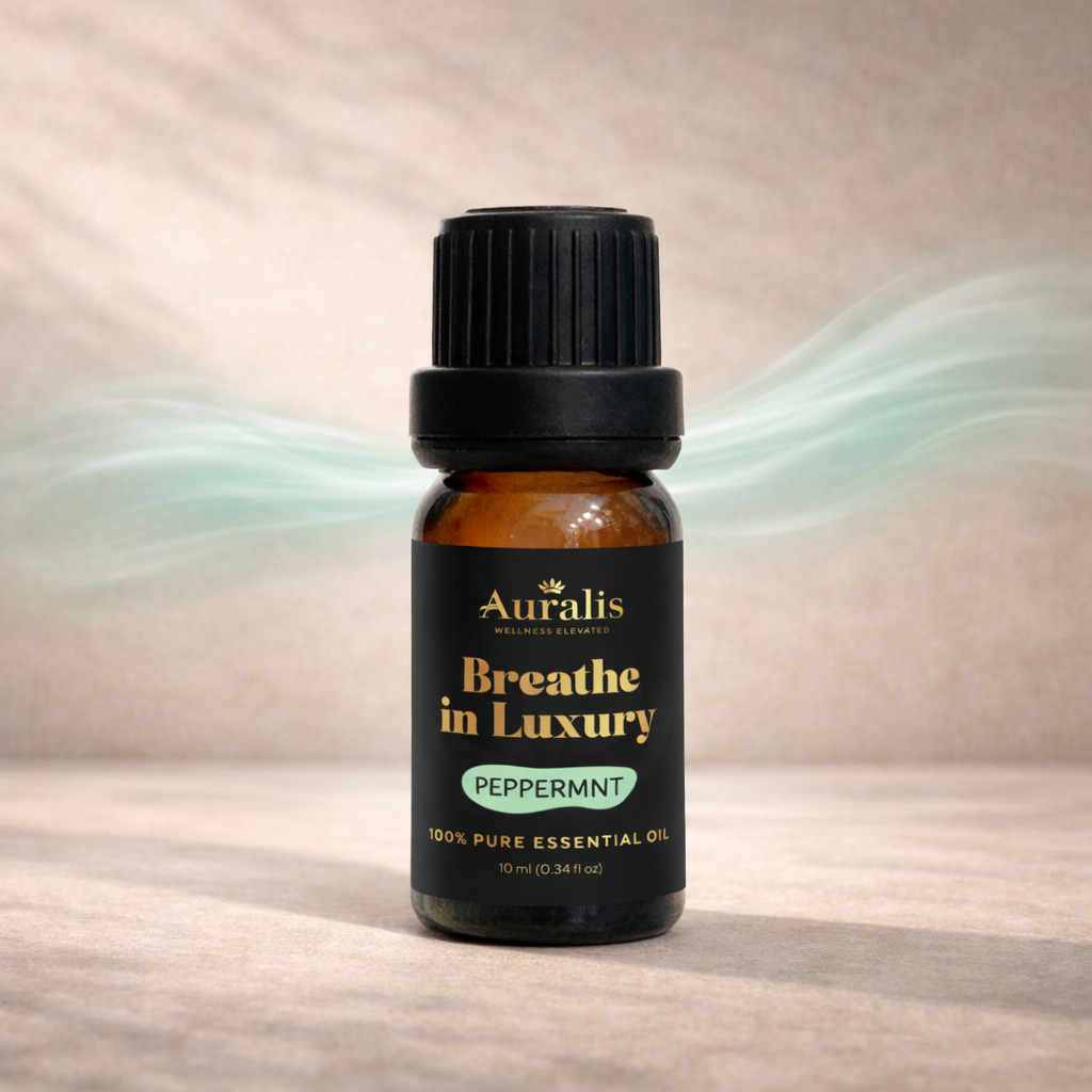 Auralis Peppermint essential oil bottle displayed on neutral background