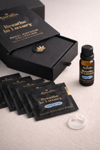 Auralis Signature Set in Eucalyptus featuring essential oil bottle, five scented pouches, clear silicone wearable nasal aromatherapy ring, and packaging box