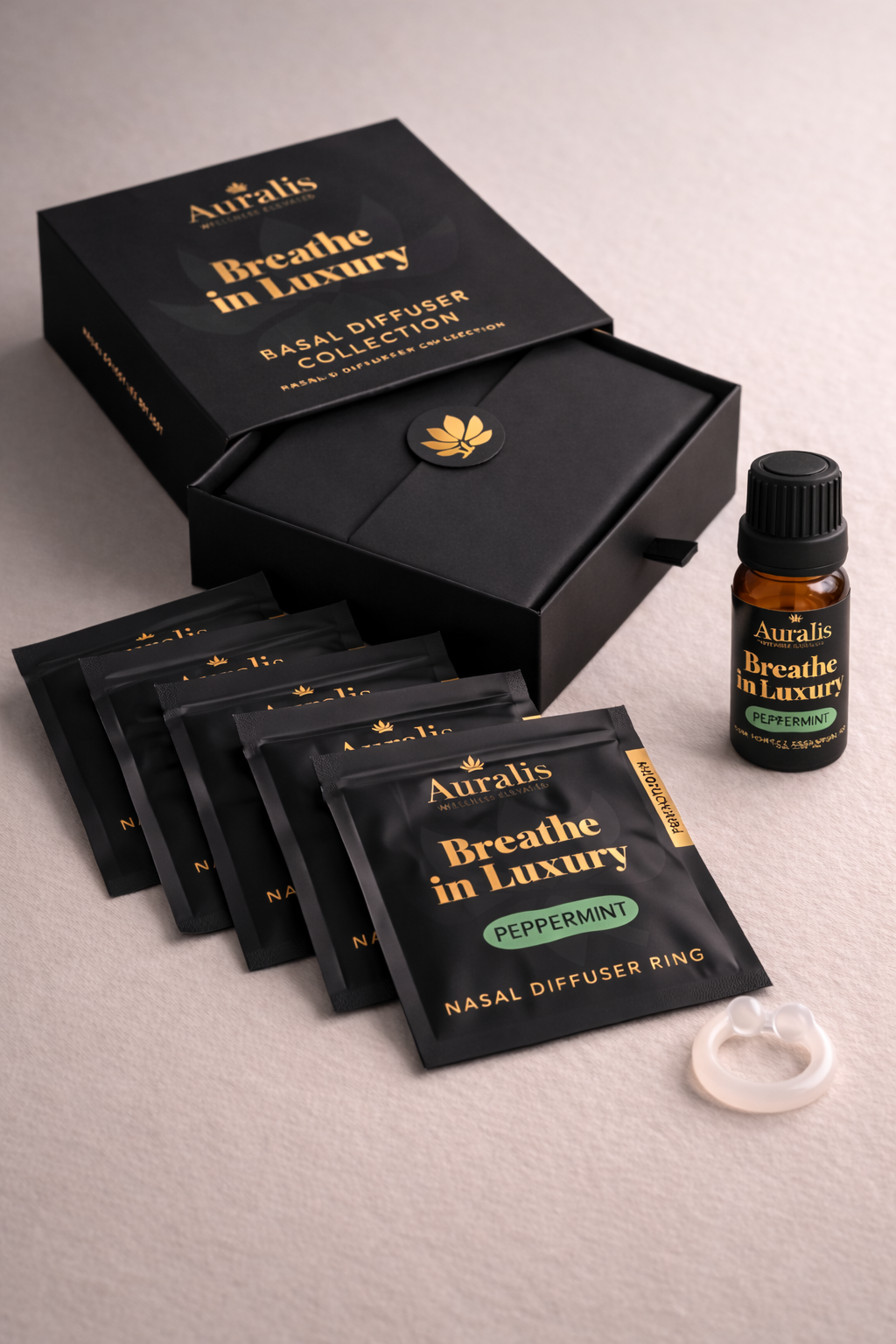 Auralis Signature Set in Peppermint featuring essential oil bottle, five scented pouches, clear silicone wearable nasal aromatherapy ring, and packaging box