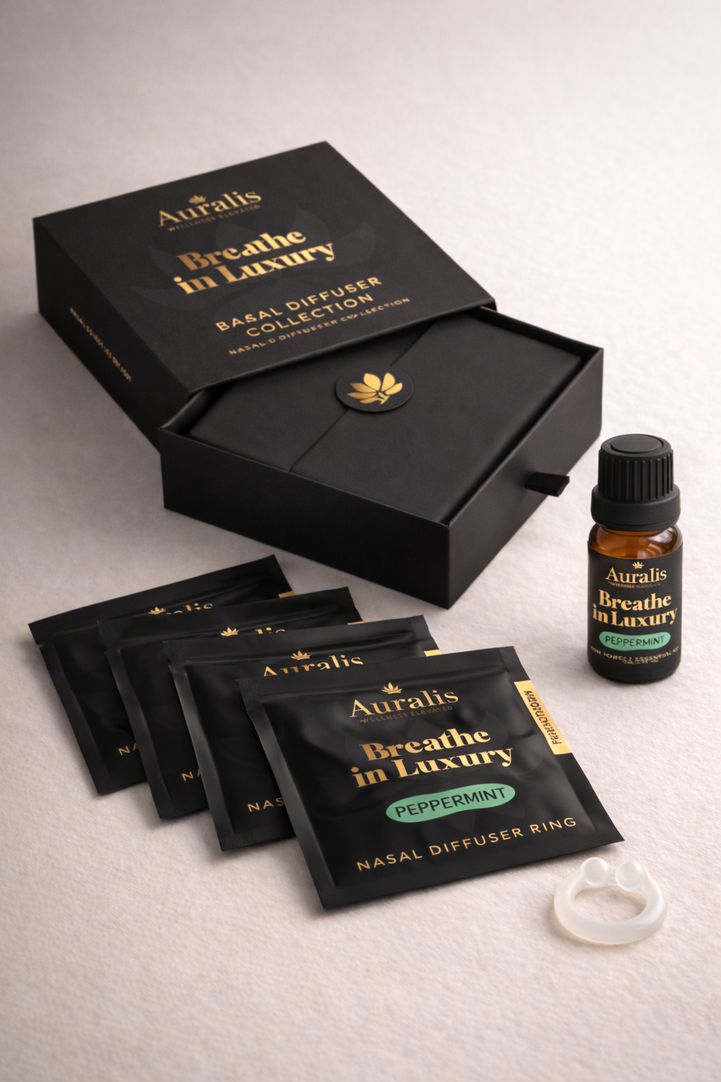 Auralis Signature Set in Peppermint featuring essential oil bottle, five scented pouches, clear silicone wearable nasal aromatherapy ring, and packaging box
