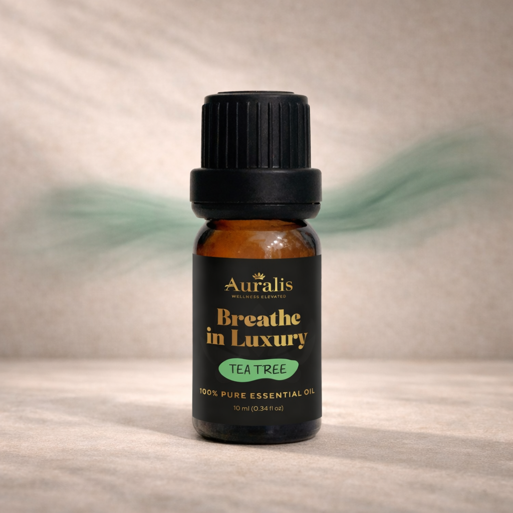 Auralis Tea Tree essential oil bottle displayed on neutral background