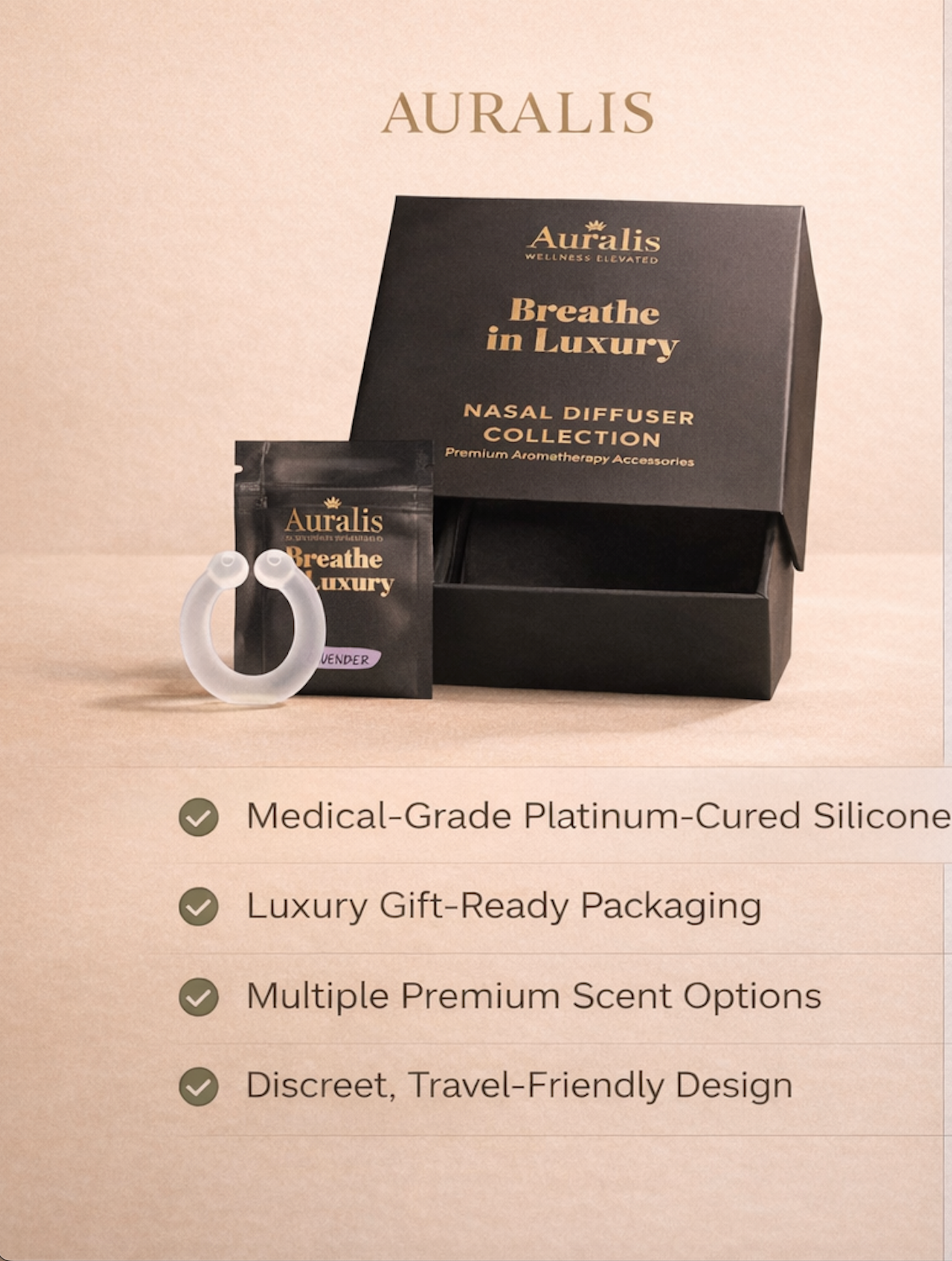 Auralis wearable nasal aromatherapy collection with packaging and product benefits displayed on beige background