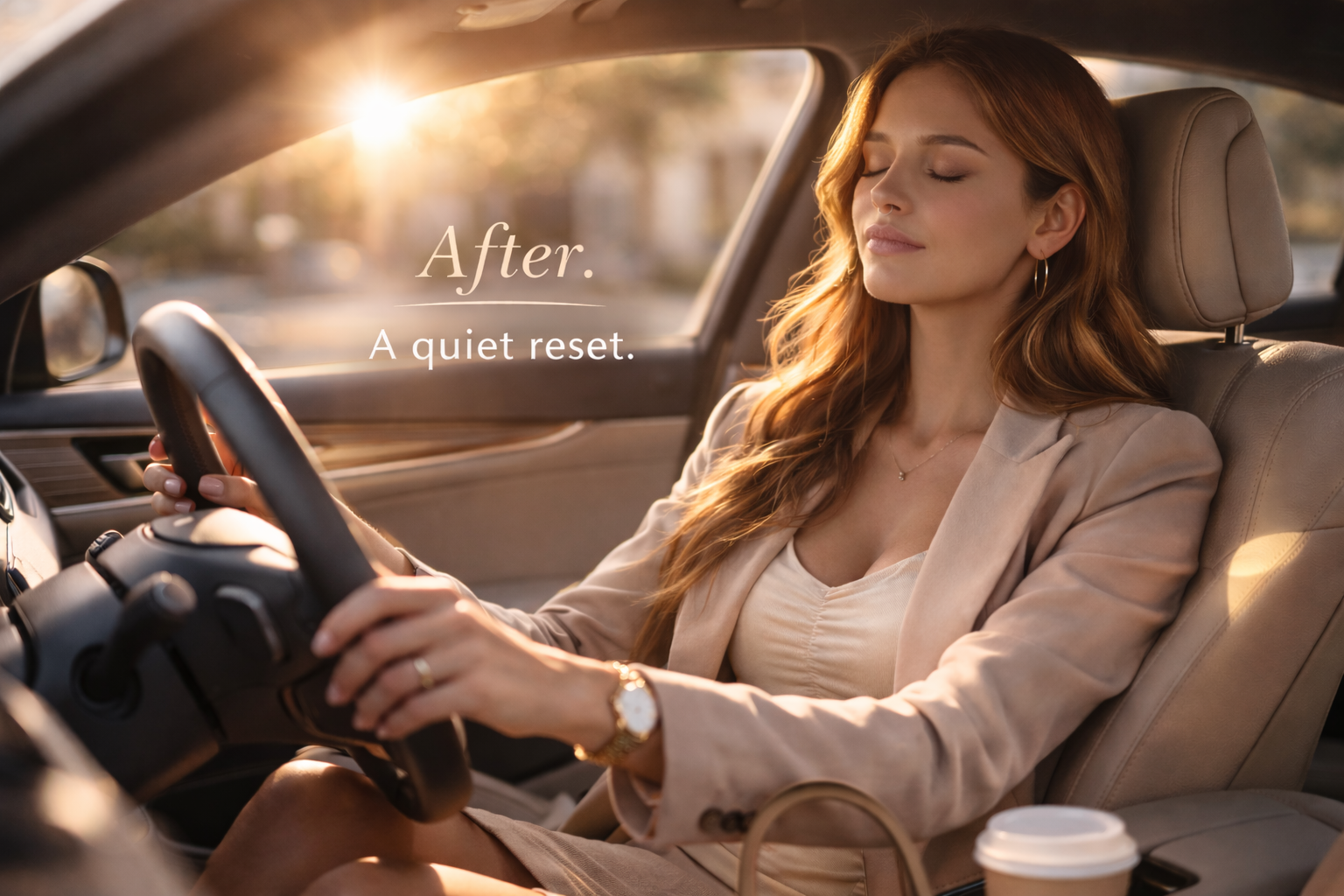 Woman sitting in car after using Auralis Ring wearable nasal aromatherapy