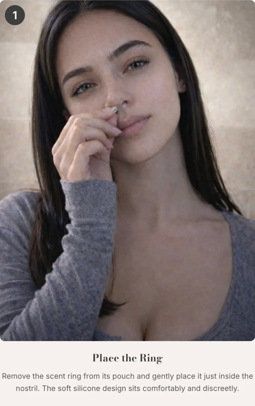 Woman wearing Auralis clear silicone nasal diffuser ring demonstrating step one of use against a neutral background