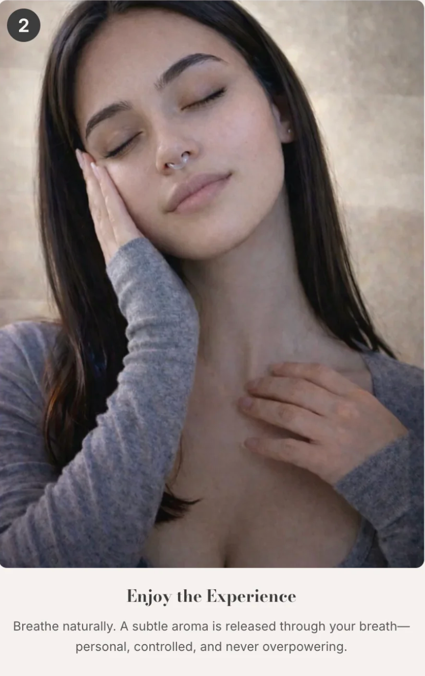 Woman wearing Auralis silicone nasal diffuser ring with eyes closed, demonstrating step two and enjoying the aromatherapy experience