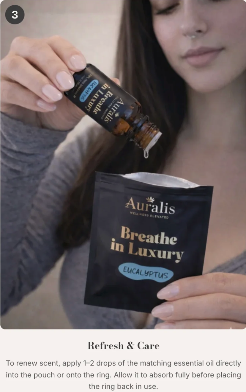 Person adding essential oil to Auralis wearable nasal diffuser ring as part of step three of use