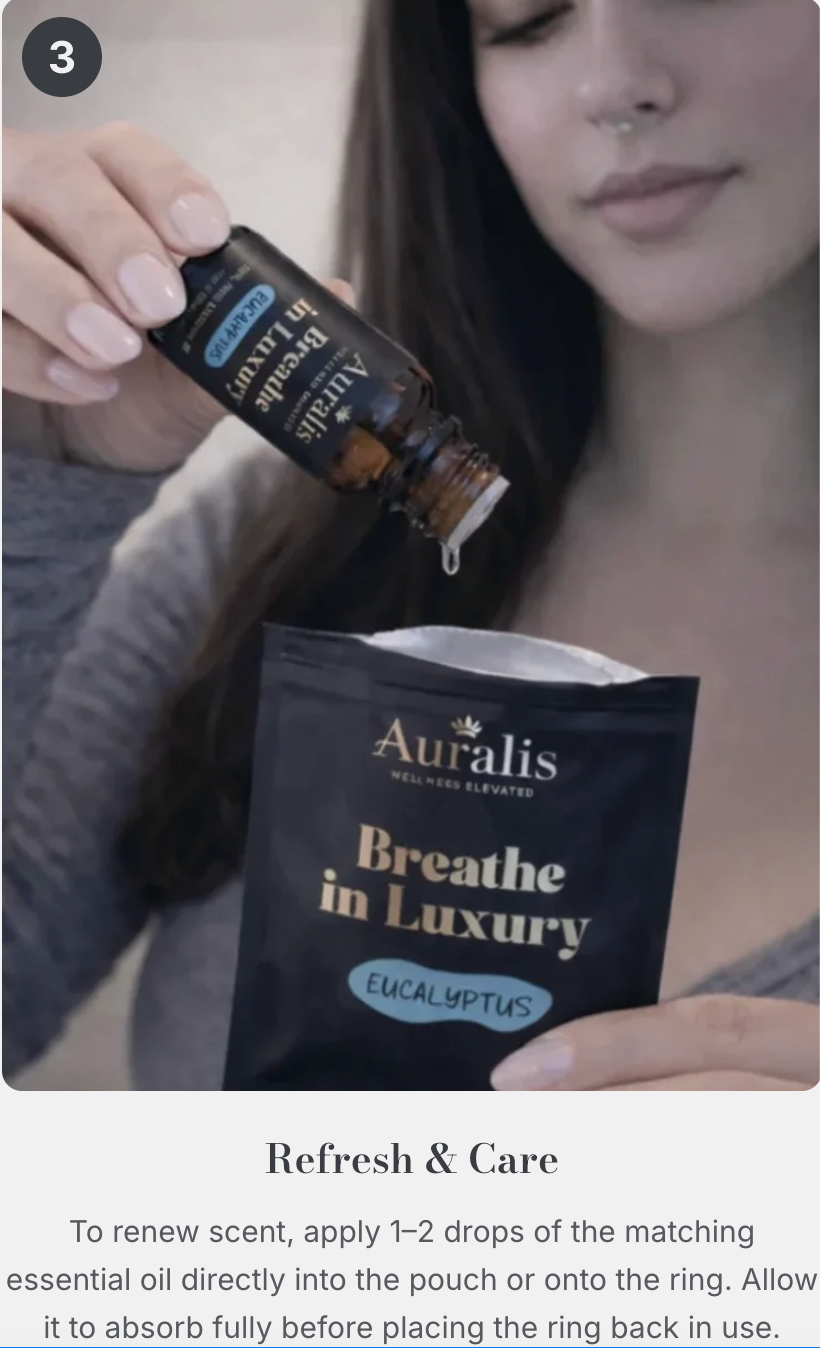 Person adding essential oil to Auralis wearable nasal diffuser ring as part of step three of use