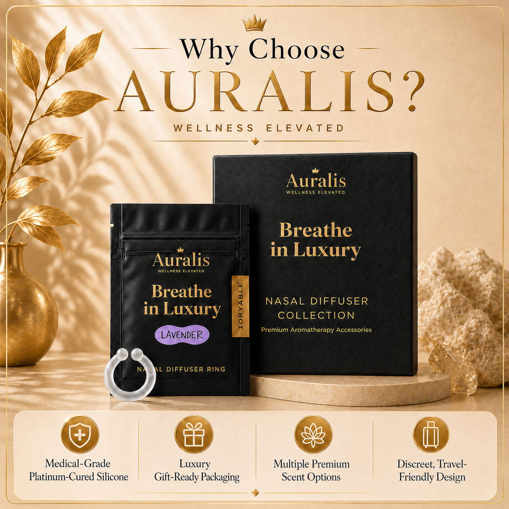 Auralis nasal diffuser ring with lavender pouch and box: medical-grade silicone, gift-ready, travel-friendly